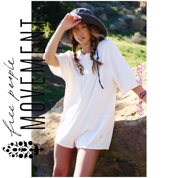 FP MOVEMENT BY FREE PEOPLE Hot Shot Tee Romper Bleached Clay Medium NWOT - Picture 1 of 6